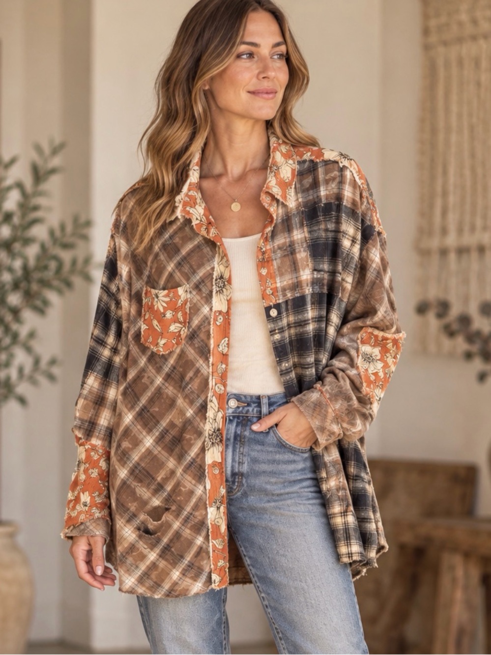 POL Plaid Button-Down Shirt with Orange Floral Trim (141456) 🌼 🍂
